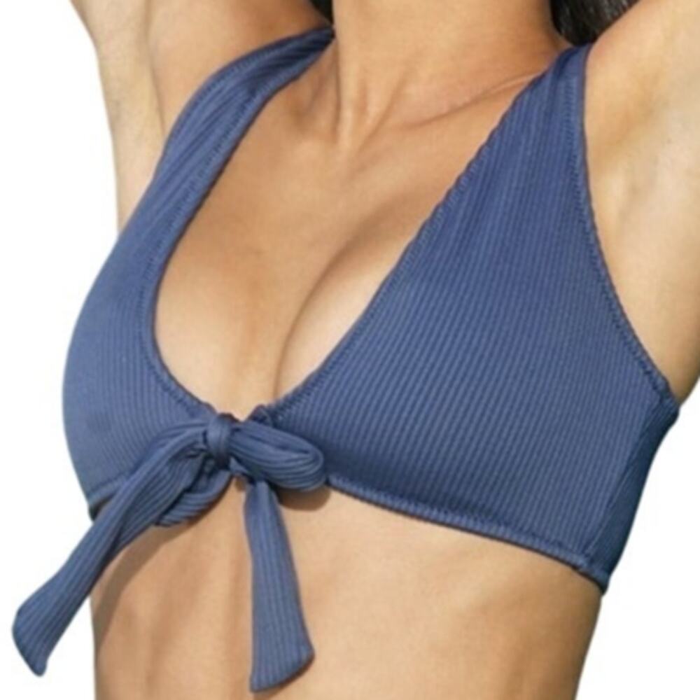 Cupshe Deep Love Solid Bikini Top Swimwear V-Neck Ribbed Tie Front Navy Blue M
